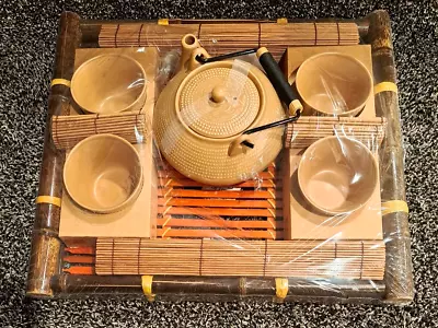 Vintage Ceramic Chinese Tea Set W/ Bamboo Serving Tray & Service Mats Serves 4 • $40