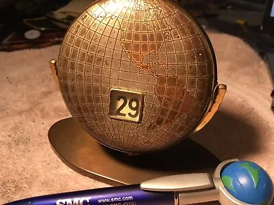 Vintage Perpetual Calendar Mid Century Globe 5.25”  Brass Finish & GLOBE PEN • $19.95