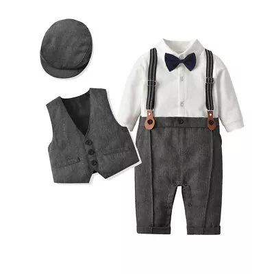 3PCS Baby Boy Gentleman Outfit Bowtie Jumpsuit + Vest + Hat Wedding Suit Set • £14.89