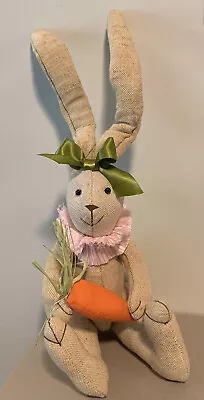 Burlap Bunny Rabbit Stuffed Flexible Long Ears Green Ribbon Carrot Sitting 16” • $14.99