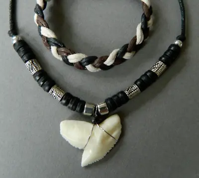 Necklace Shark Tooth Replica Pendant Wood Bead Resin Sharks Teeth Bracelet Set • £9.99