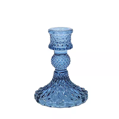 Glass Candle Holder Blue Ribbed Design Dinner Tabletop Decorative Centrepiece • £5.75