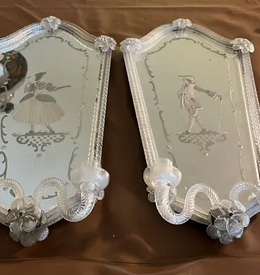 Pair Of Antique Italian Murano Venetian Glass Wall Mirror Etched • $1000