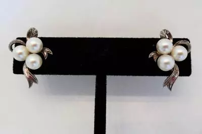 Vintage Signed Mikimoto Pearl Silver Ribbon Screwback Earrings • $135