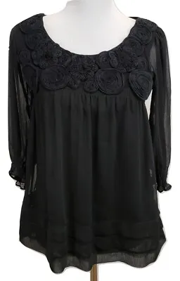 Eci New York Women's Blouse Size 4 Black 3/4 Sleeve Sheer Top • $9.54