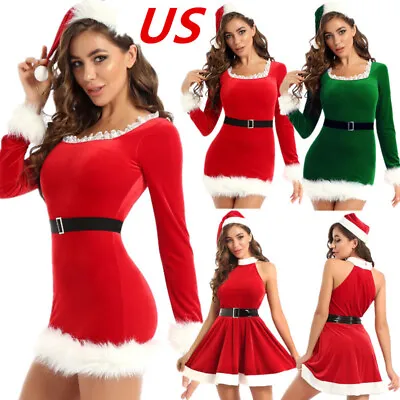 US Womens Xmas Mrs Santa Claus Party Costume Christmas Fancy Dress With Hat Sets • $8.09
