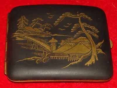 Vintage Japanese Cigarette Case W/ Metal Inlay Scenes Mt. Fuji & Island Village • $49.99