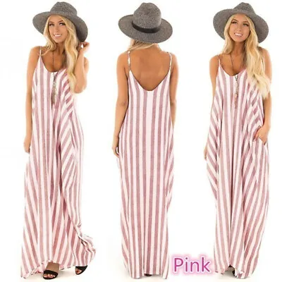 $0.99 • Buy Women Summer Striped Long Maxi Dress Ladies Casual Beach Sleeveless Sun Dresses