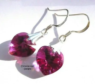 £9.99 • Buy Sterling Silver Swarovski Elements FUCHSIA AB Pink Crystal Heart Earrings + Box