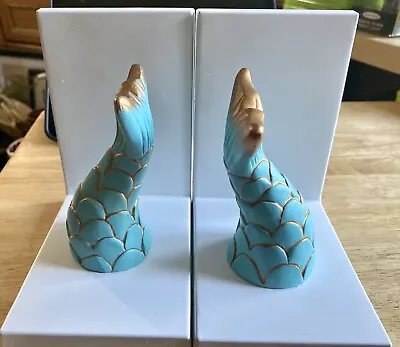 White Blue Gold Mermaid Tail Bookends Set Of 2 Solid Home Decor • $19.99