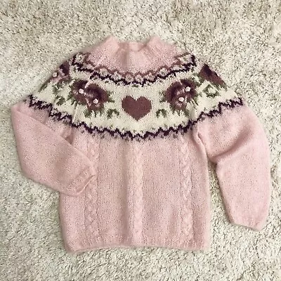 VTG Studio Michelle Stuart Mohair Sweater Sz Sm Pink Hearts Floral Cottage EUC • $26.35