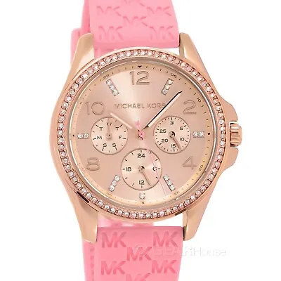 Michael Kors Womens Mini Pilot Glitz Crystals Watch Rose Gold Dial Pink Silicone • $104.80