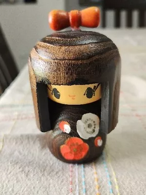 4 Inch Japanese Creative KOKESHI Doll Vintage Hand Painted Interior With Bow • $26.25