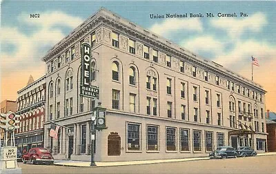 Linen Postcard; Union National Bank Mt. Carmel PA Hotel Marble Hall • $9.27