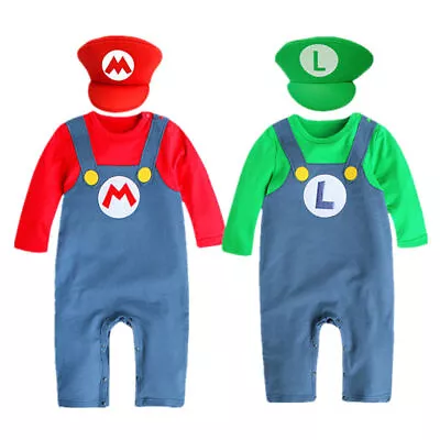 Super Mario Bros Baby Romper Crawling Suit Jumpsuit Mario Luigi Costume Hat Set` • $24.69