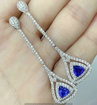 4Ct Trillion Cut Tanzanite & Diamond Drop Dangle Earrings In 14k White Gold Over • $110.49