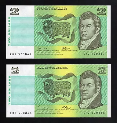 1985 Australia 2 Dollars Banknotes - Uncirculated Consecutive Pair - R89 • $24