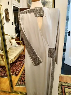 Vintage  Couture Balestra Roma Lt Grey Silk Crepe Dress Sz Small Rhinestone Band • $600