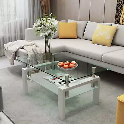 Rectangle Tempered Glass Coffee Table Metal Tube Legs End Table For Living  • $135.13