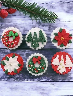 6 Edible Christmas Fondant Cupcake Decorations Toppers Wreath Trees Poinsettia • £7.99