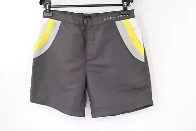 Hugo Boss Swim Trunks Men's Small Flat Front Lined Gray Yellow Logo Shorts • $20.43