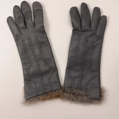 Retro Gauntlet Long Cuff Gray Vinyl Winter Dress Gloves Rabbit Fur Cuff • $18.66