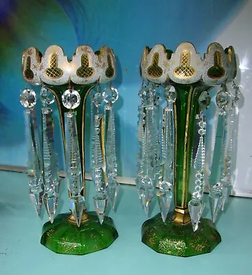 Amazing Antique C 1890 Genuine Pair Green Bohemian Moser Crystal Glass Lustres • $825