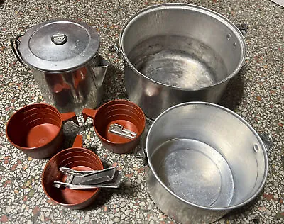 $22 • Buy VINTAGE MIRRO ALUMINUM CAMPING SET COOKWARE NESTING COFFEE POT CUPS Can Opener
