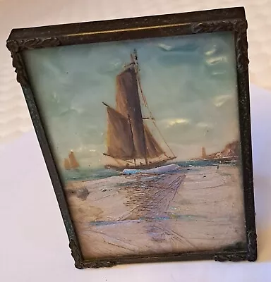 Handmade Picture Frame Depicts Pearlised Ocean Scene With Sailing Vessels 9x6cm • £5.25