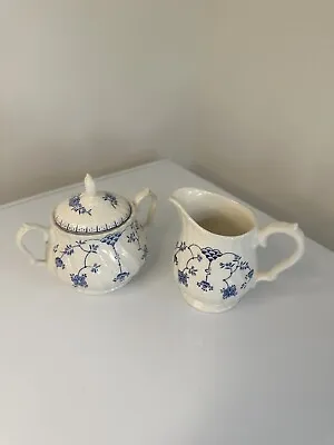 Myott Meakin FINLANDIA  England  Creamer & Sugar Bowl W/Lid Blue White • $39