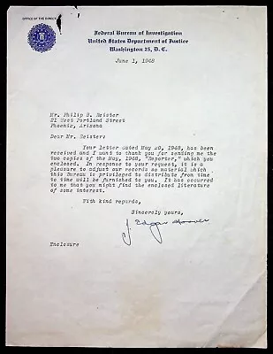 J. Edgar Hoover Signed Autograph FBI Letterhead Stationary 1948 • $39.95