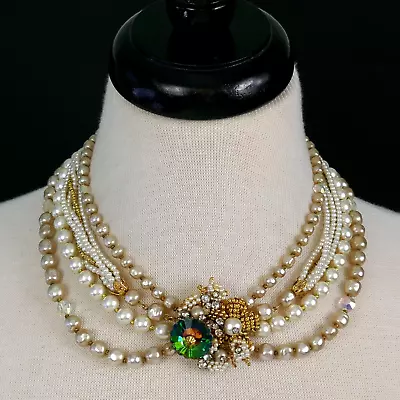 Vintage Multi-strand Pearl Ab Green Rivoli Crystal Wired Clasp Bead Necklace • $80