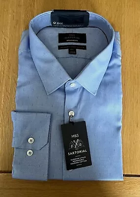 M&S MENS SARTORIAL REGULAR FIT BLUE LONG SLEEVE SHIRT Collar 18.5” Bnwt • £27.99