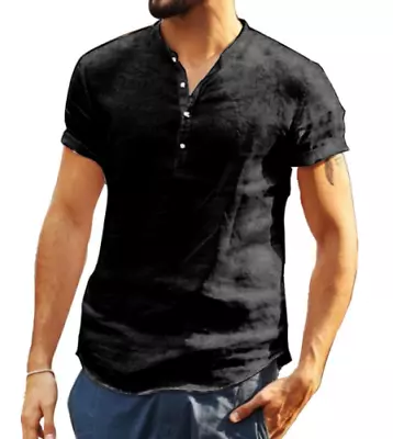 T Shirt Men's Linen Short Long Sleeve T-Shirt Black Off White V Neck Button Down • $25.86