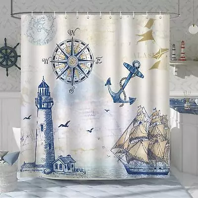 Nautical Sailboat Shower Curtain For Bathroom Lighthouse Compass Anchor • £31.45