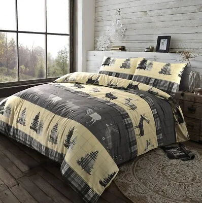 100% Brushed Cotton Stag Tartan Check Duvet Set Quilt Cover Thermal XMAS Bedding • £15.80