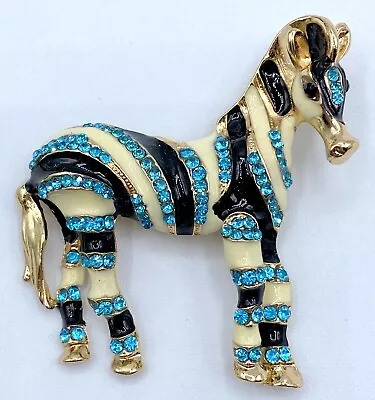 A4-2560 Vintage Brooch Gold Tone Pin 2.25  Animal Enamel Rhinestone Zebra • $6.99