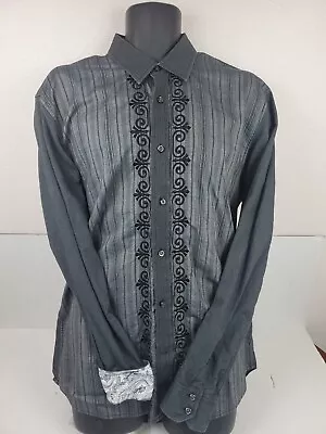 Malibu Cowboy Gray Black Stripe Embroidered Long Sleeve Shirt Cuffed Men's Sz XL • $14.99