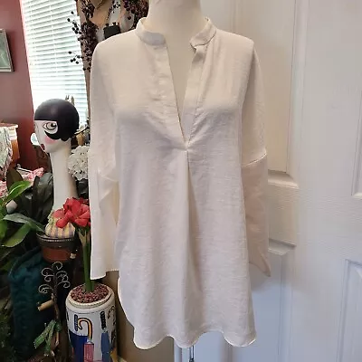 Zara White Top Blouse Popover Career Work Size Large Collarless FLAW LINT • $18