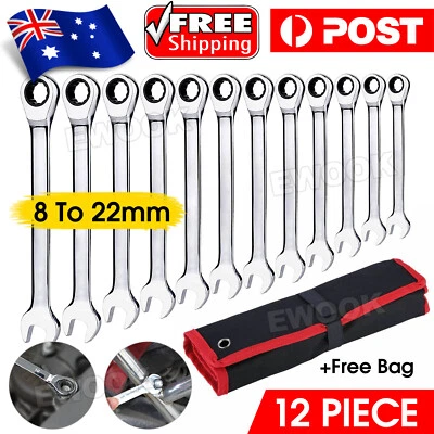 $47.95 • Buy 12Pc Ratchet Spanner Set Metric Open & Ring Wrenches 8-22mm CR-V + Rolling Bag