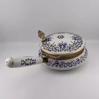 Vintage Silent Butler/Crumb Catcher Blue And White Porcelain Enamel & Brass • $15