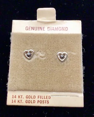 Vintage Child Baby Heart Diamond Stud Earrings 14K Solid Yellow Gold • £42.75