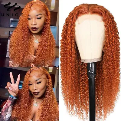 UNice Mongolian Ginger Orange Curly Lace Closure Human Hair Wigs For Black Women • $78.47