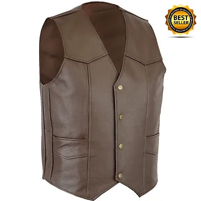 Men's Classic Brown Leather Waistcoat 4 Pockets Motorcycle Biker Club Vest • £24.99