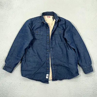 Wrangler Sherpa Lined Jacket Mens Small Blue Denim Button Shacket Utility Coat • $29.99