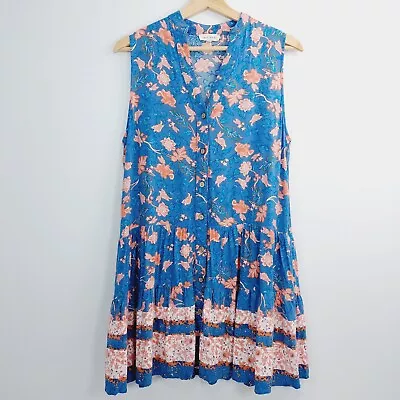 Iris Maxi Sleeveless Dress Size 8 Blue Floral V Neck Button Knee Length Lined • $29.99