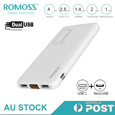 $27.99 • Buy ROMOSS Slim Power Bank 10000mAh 2USB 2.1A Fast Charge Portable Charger Battery