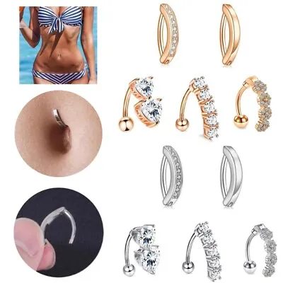 5PC Short Reverse Bar Navel Ring Zircon Rose Gold Silver Curved Belly Button 16G • $13.97