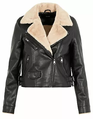 Vero Moda Womens Pilot Faux Leather & Shearling Jacket 16 Black - NWT $118 • $38