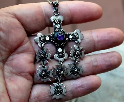 Old Pawn Cannetille Yalalag Mexico Sterling Silver & Amethyst Stone Necklace • $68